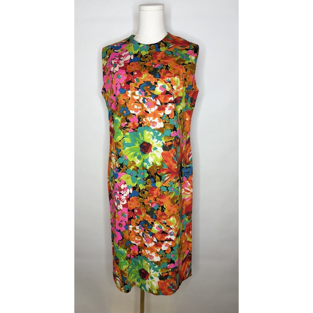 Vintage John Abbott Floral Shift Dress Multicolor Mod Sleeveless Midi Large - Picture 3 of 14